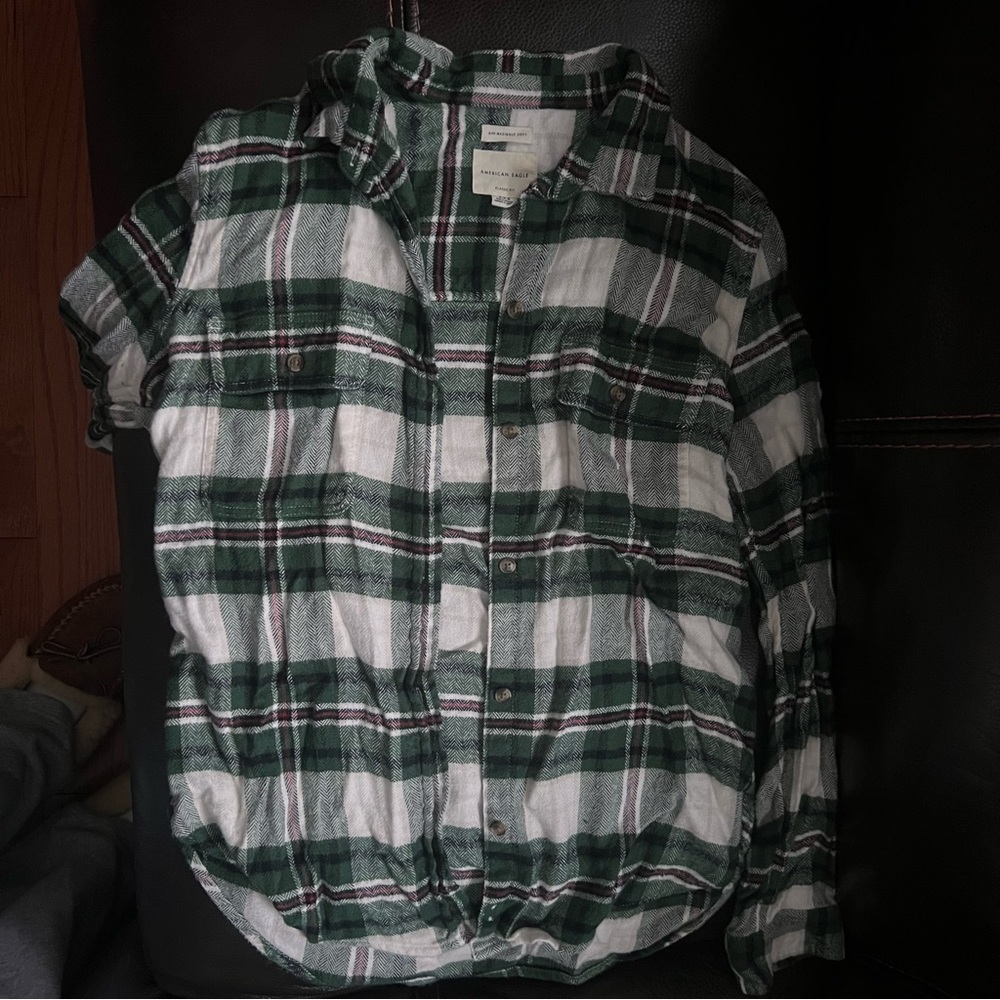 American Eagle Outfitters Forest Green and White Plaid Flannel